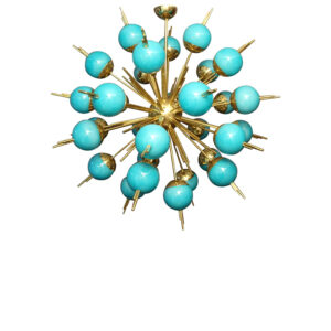 Lustre Sputnik en laiton et globes en verre bleu