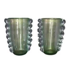 Grands vases en verre de Murano couleur vert jade et doré par Costantini