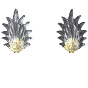 Paire d'Appliques Feuille en Verre de Murano Clair et Laiton de Style Barovier