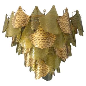 Lustre en verre de Murano vert et doré à décor d'écailles.